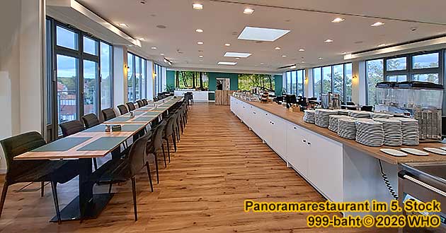 Lange Tafel f�r gro�e Gruppe bis 24 Personen im Panoramarestaurant im 5. Stock